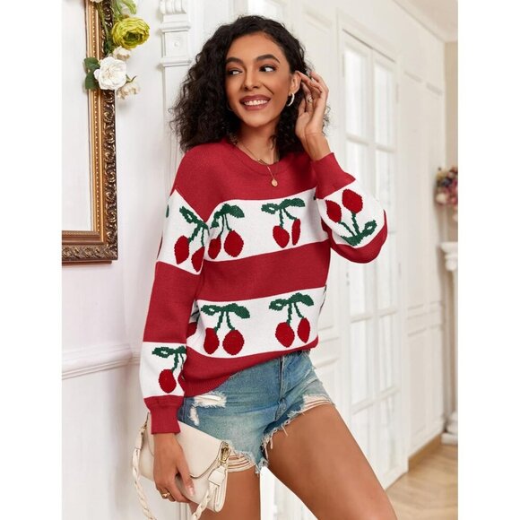 Trendy Women's Cherry Knit Sweater Long Sleeve Casual Fall - Picture 2 of 6